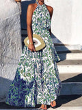 Hanging Neck Vintage Print Maxi Dress