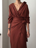 Irregular Tie V-Neck Long Sleeve Dress