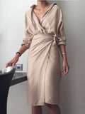 Irregular Tie V-Neck Long Sleeve Dress