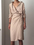 Irregular Tie V-Neck Long Sleeve Dress