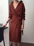 Irregular Tie V-Neck Long Sleeve Dress