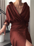 Irregular Tie V-Neck Long Sleeve Dress