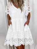 Lace Pocket V-Neck Short Sleeve Dress