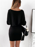 Lace-Up Solid V-Neck Long Sleeve Dress