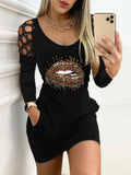 Lip Print Pocket Long Sleeve Mini Dress