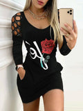 Lip Print Pocket Long Sleeve Mini Dress