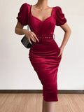 Low Neck Puff Sleeve Velvet Tight Dress