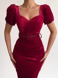 Low Neck Puff Sleeve Velvet Tight Dress