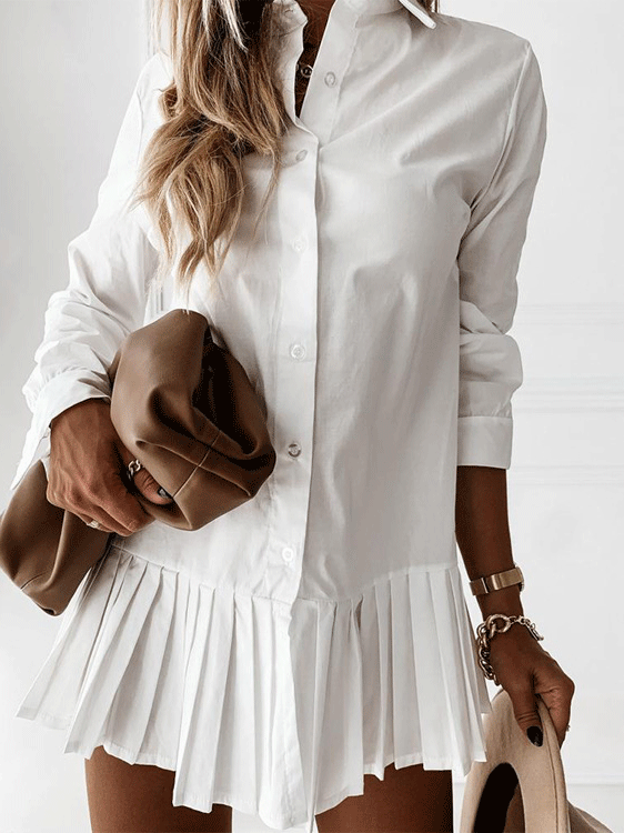 Pleated Slim Button Long Sleeve Shirt Dress
