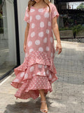 Polka Dot Crew Neck Short Sleeve Ruffle Dress