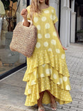 Polka Dot Crew Neck Short Sleeve Ruffle Dress