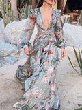 Printed Deep V-Neck Hollow Lantern Long Sleeve Dress