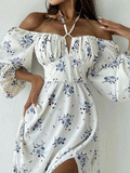 Printed Halter Neck Bubble Long Sleeve Split Dress