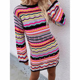 Rainbow Striped Round Neck Long Sleeve Sweater Dress