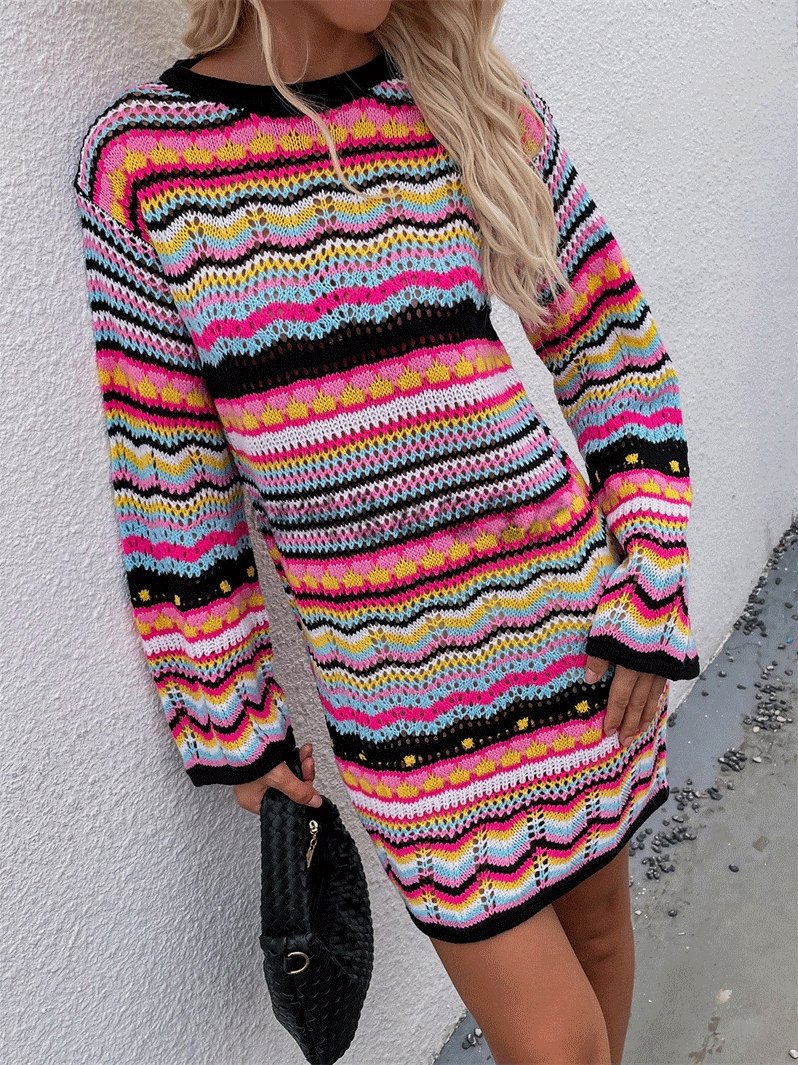 Rainbow Striped Round Neck Long Sleeve Sweater Dress