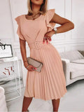 Round Neck Pleated Short Sleeve Dress