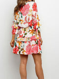 Round Neck Print Ruffled Three-Quarter Sleeves Lace-Up Dress