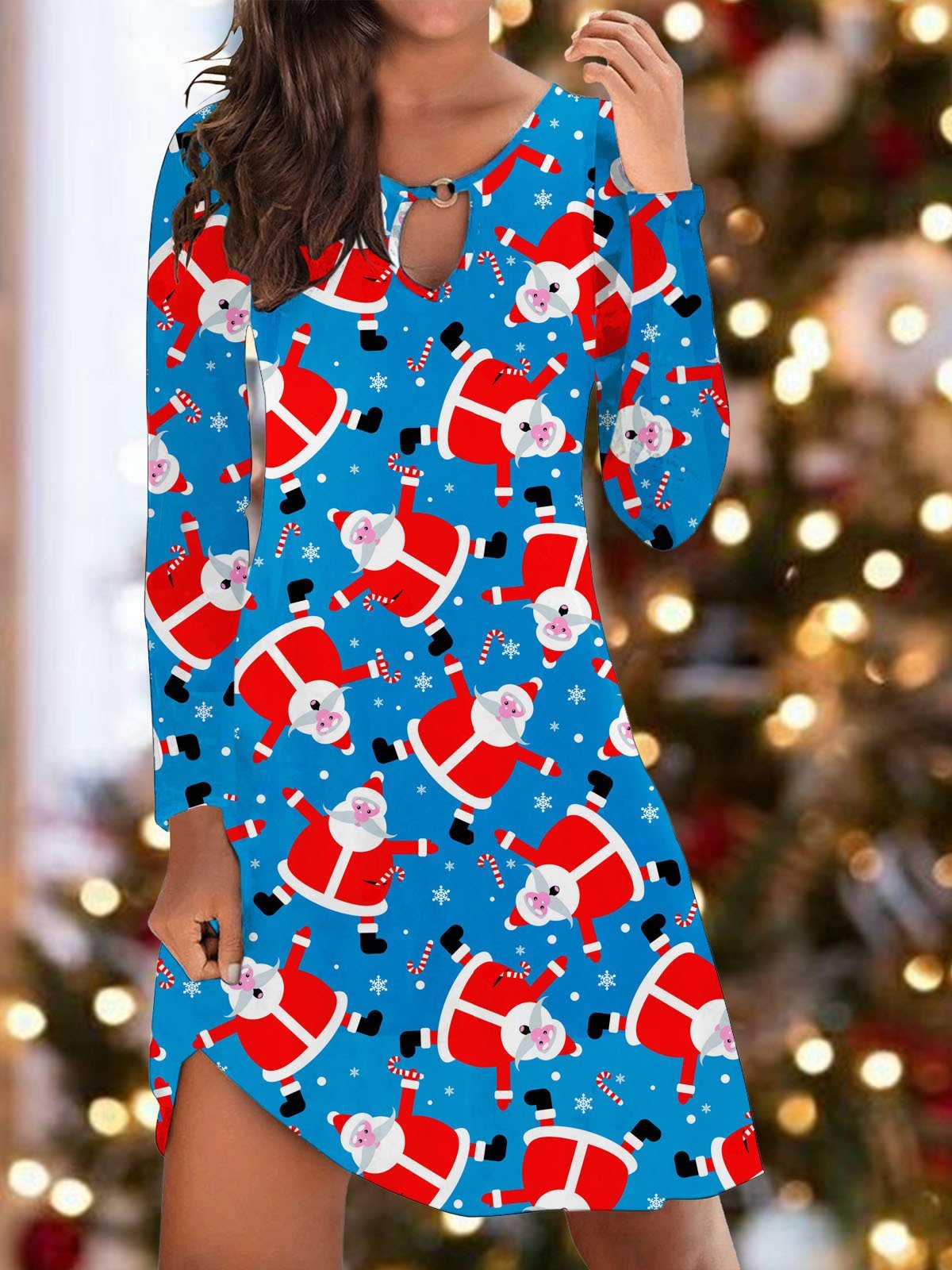 Santa Print Hollow Long Sleeve Mini Dress