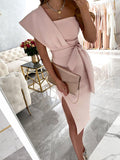 Slanted Shoulder Slim Fit Slit Dress