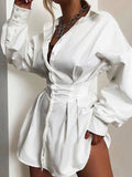 Solid Deep V Neck Gathered Shirt Dress