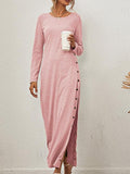 Solid Long Sleeve Split Button Casual Dress