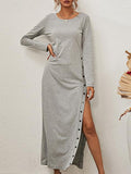 Solid Long Sleeve Split Button Casual Dress