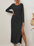 Solid Long Sleeve Split Button Casual Dress