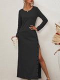 Solid Long Sleeve Split Button Casual Dress