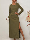 Solid Long Sleeve Split Button Casual Dress