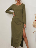 Solid Long Sleeve Split Button Casual Dress