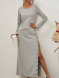 Solid Long Sleeve Split Button Casual Dress