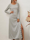 Solid Long Sleeve Split Button Casual Dress