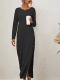 Solid Long Sleeve Split Button Casual Dress