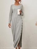 Solid Long Sleeve Split Button Casual Dress