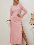 Solid Long Sleeve Split Button Casual Dress