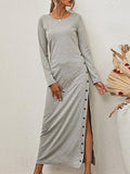 Solid Long Sleeve Split Button Casual Dress