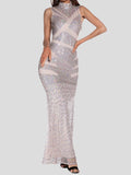 Stand-Up Collar Sequin Embroidered Sleeveless Dress