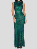 Stand-Up Collar Sequin Embroidered Sleeveless Dress