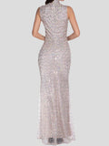 Stand-Up Collar Sequin Embroidered Sleeveless Dress