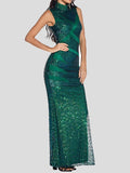 Stand-Up Collar Sequin Embroidered Sleeveless Dress