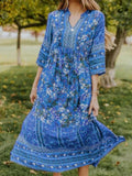 V-Neck Bohemian Mid-Sleeve Floral Dress