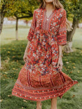 V-Neck Bohemian Mid-Sleeve Floral Dress