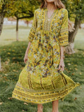 V-Neck Bohemian Mid-Sleeve Floral Dress