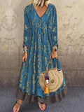 V-Neck Long Sleeve Vintage Print Fake Two-Piece Dress