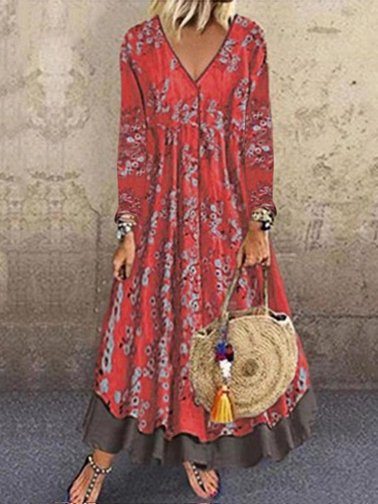 V-Neck Long Sleeve Vintage Print Fake Two-Piece Dress