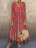 V-Neck Long Sleeve Vintage Print Fake Two-Piece Dress