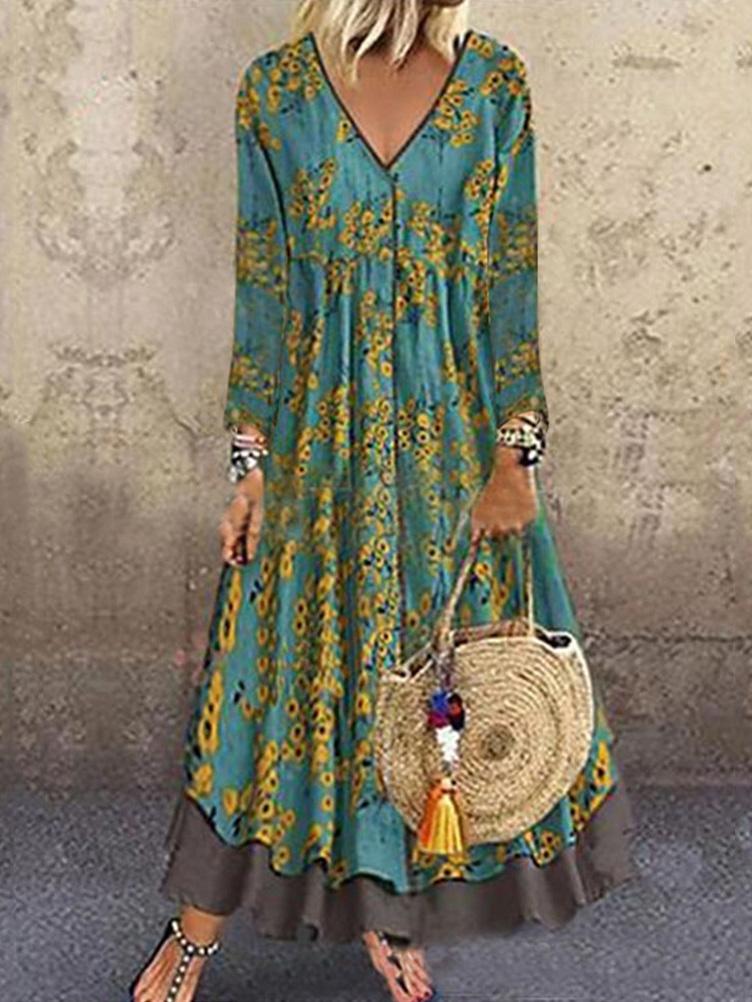 V-Neck Long Sleeve Vintage Print Fake Two-Piece Dress
