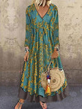 V-Neck Long Sleeve Vintage Print Fake Two-Piece Dress