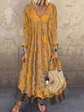 V-Neck Long Sleeve Vintage Print Fake Two-Piece Dress