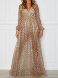 V-Neck Open Back Check Sequined Long Sleeve Dress